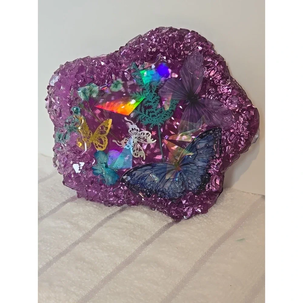 Handmade Resin Crystal Edge Trinket Holder Purple With Butterflies 778